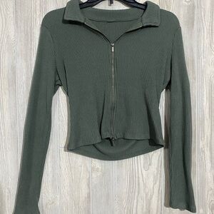 Olive Green Ribbed Zip-Up Top